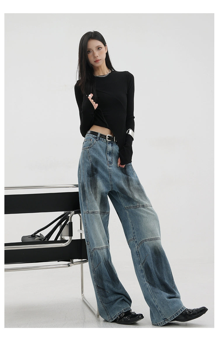 Vintage Distressed And Dirt-Dyed Patchwork Wide-Leg Jeans - chiclara