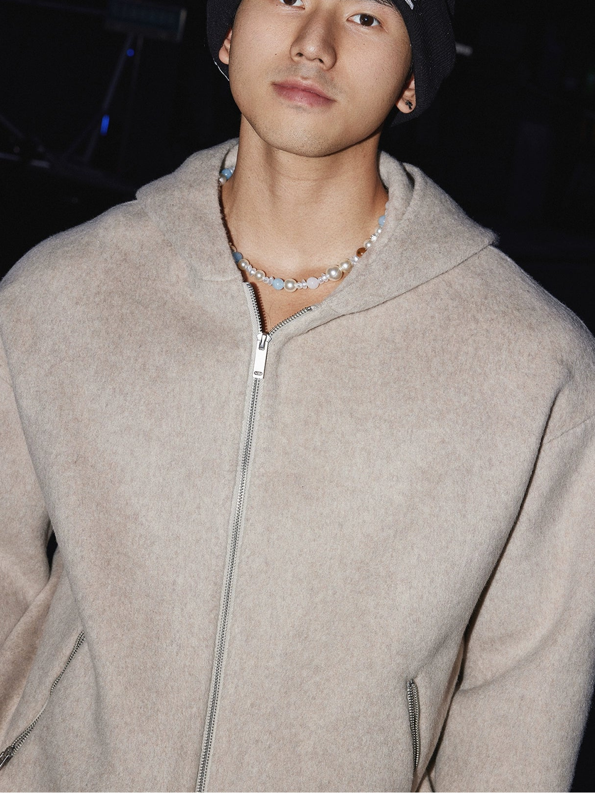 Oatmeal Wool Zip-Up Hoodie