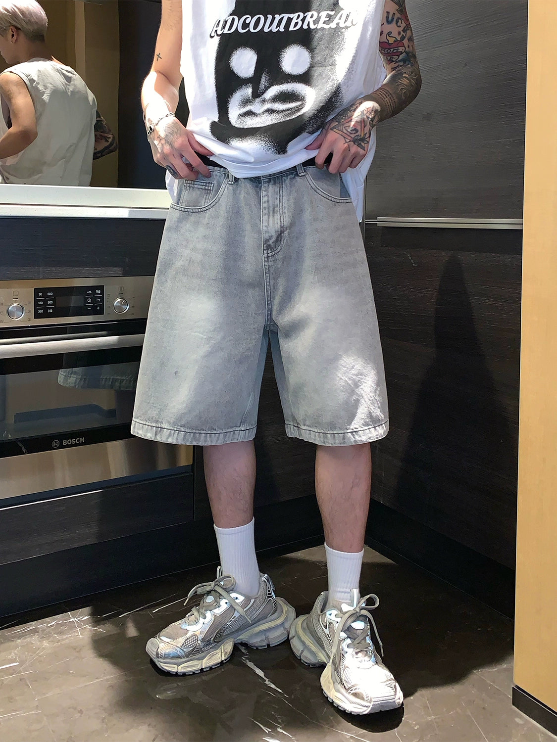 Faded Denim Shorts with Distressed Wash