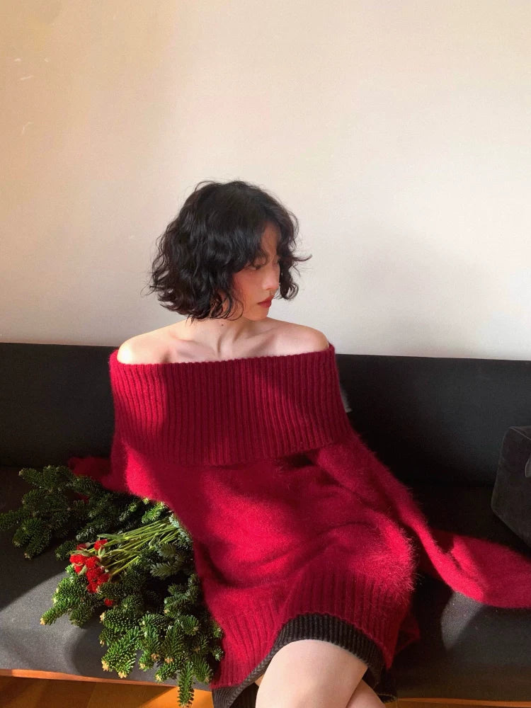 Off Shoulder Raccoon Knit Sweater