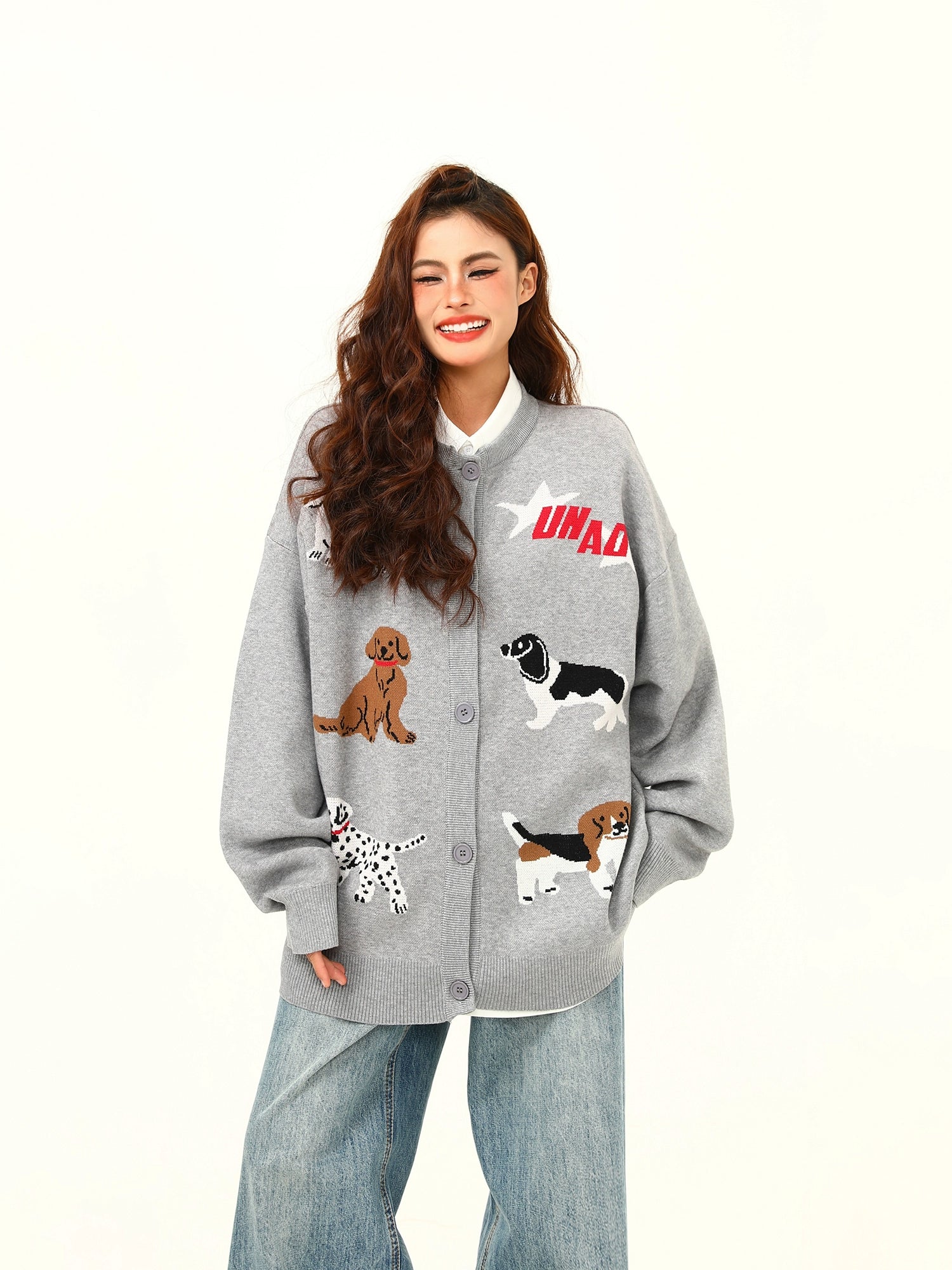 Playful Puppy Pattern Knit Cardigan