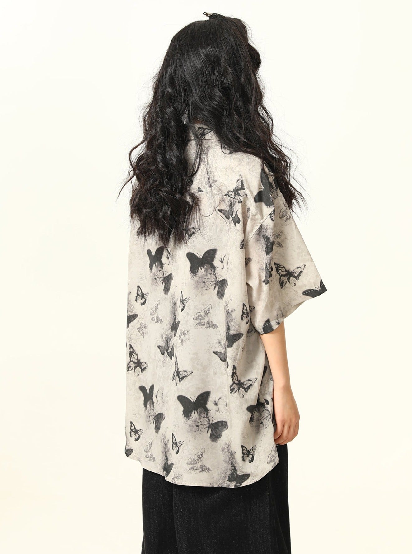 Butterfly Print Pattern Oversized Button-Down Shirt