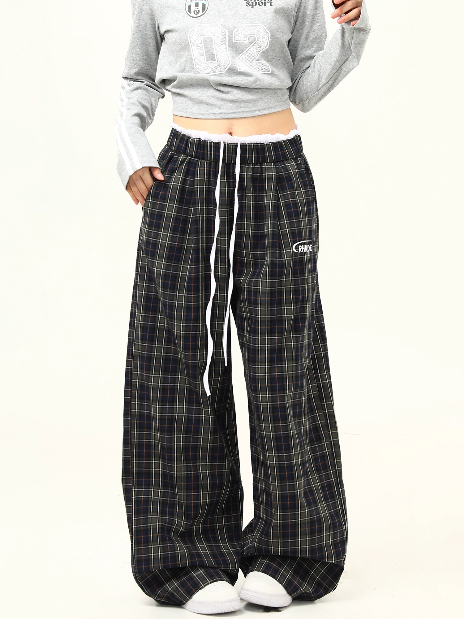 Wide Leg Plaid Drawstring Lounge Pants