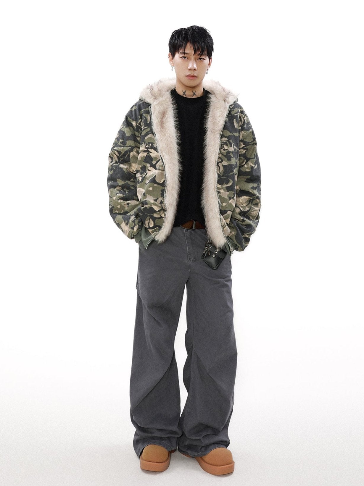 Camouflage Puffer Jacket with Fur-Lined Hood