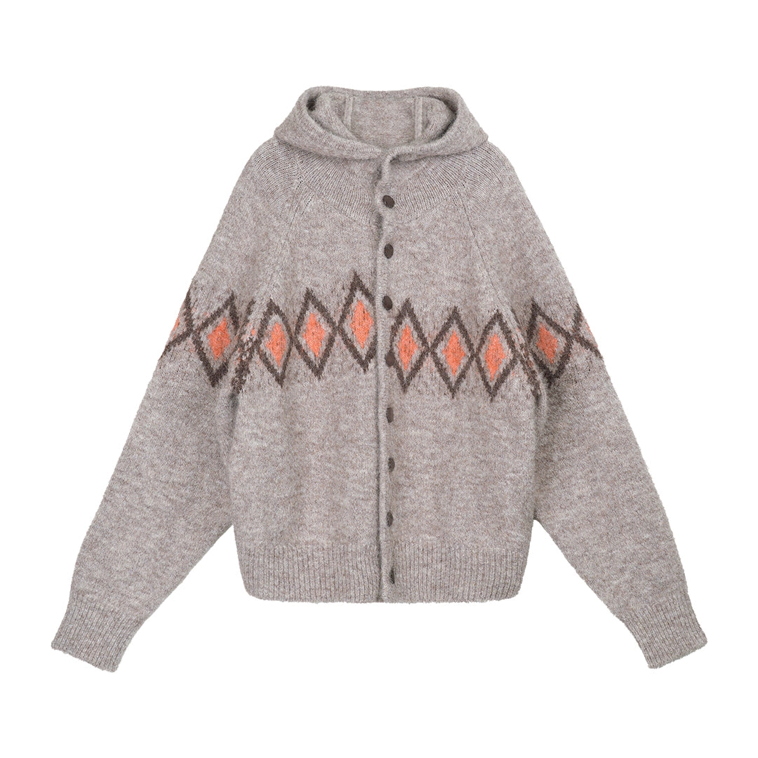 Diamond Pattern Hooded Wool Cardigan