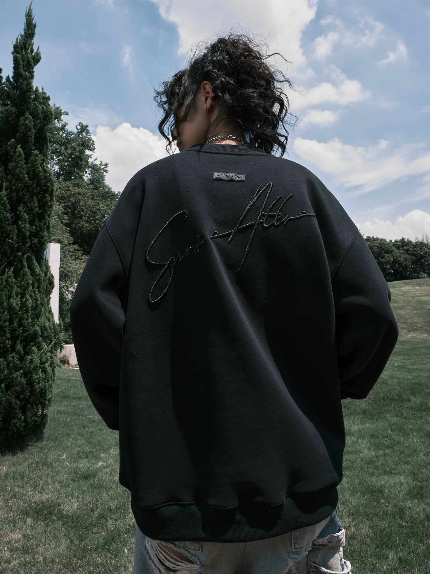 Script Embroidered Oversized Crewneck Sweatshirt