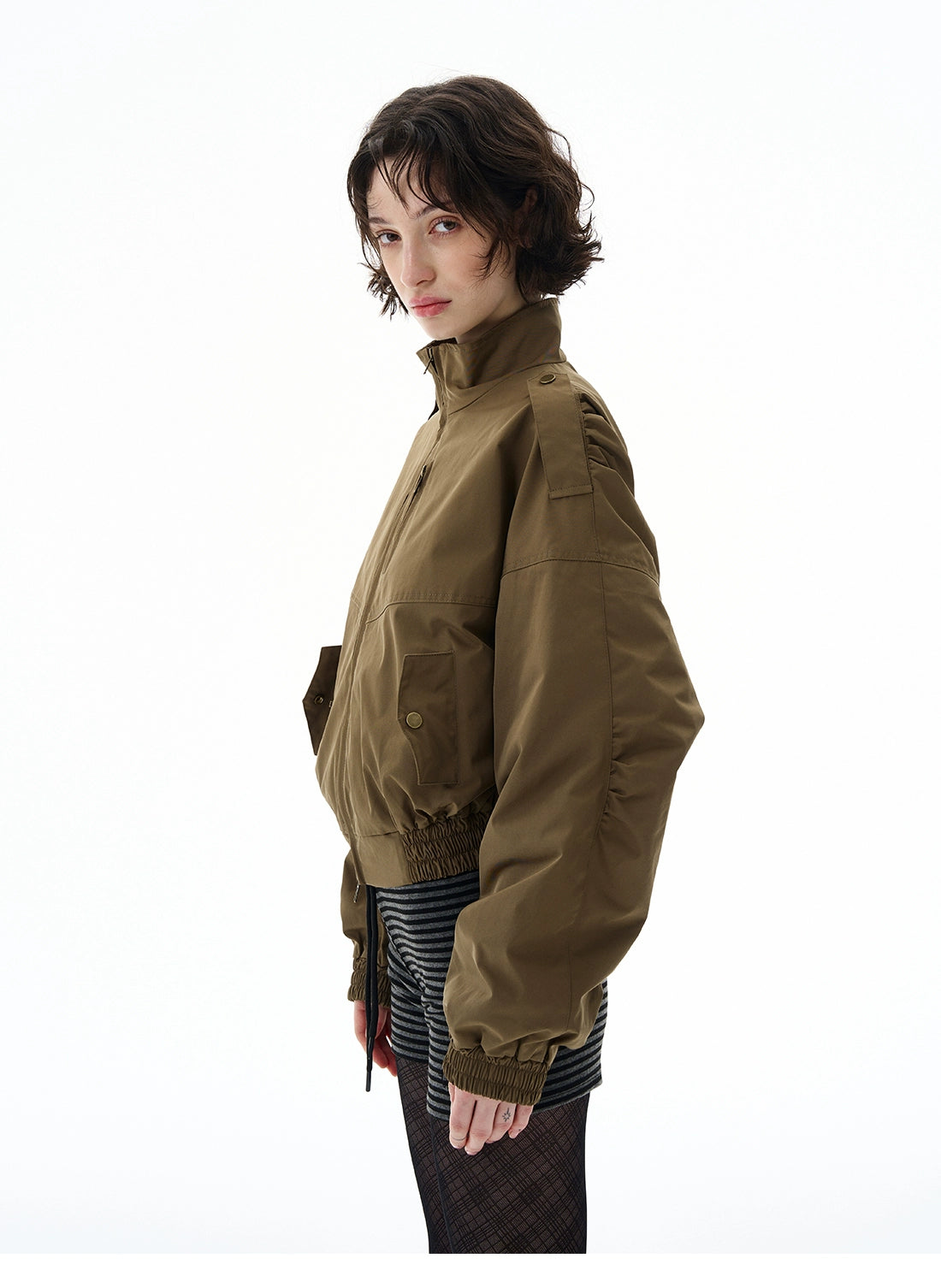 Cropped Utility High Collar Bomber Jacket