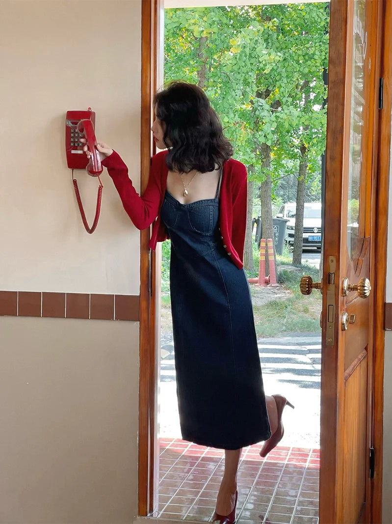 Dark Wash Denim Bustier Midi Dress