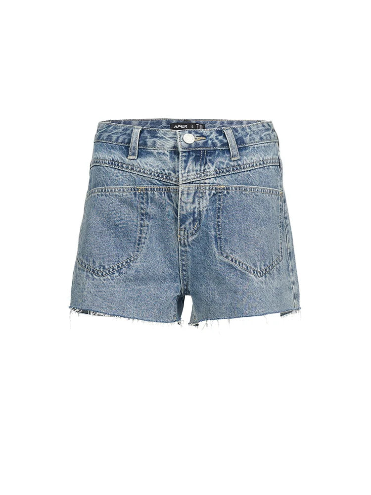 High-Waisted Denim Shorts with Unique Waistband Detail