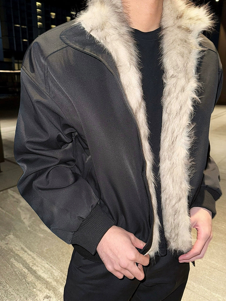 Black Bomber Jacket with Light Faux Fur Trimmed Lapel