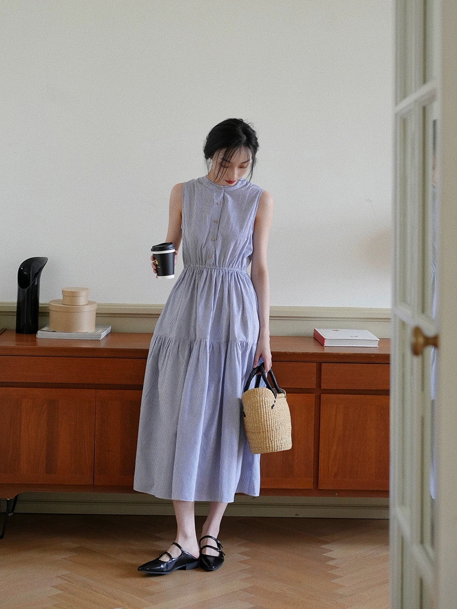 Sleeveless Blue Button-Down Midi Dress