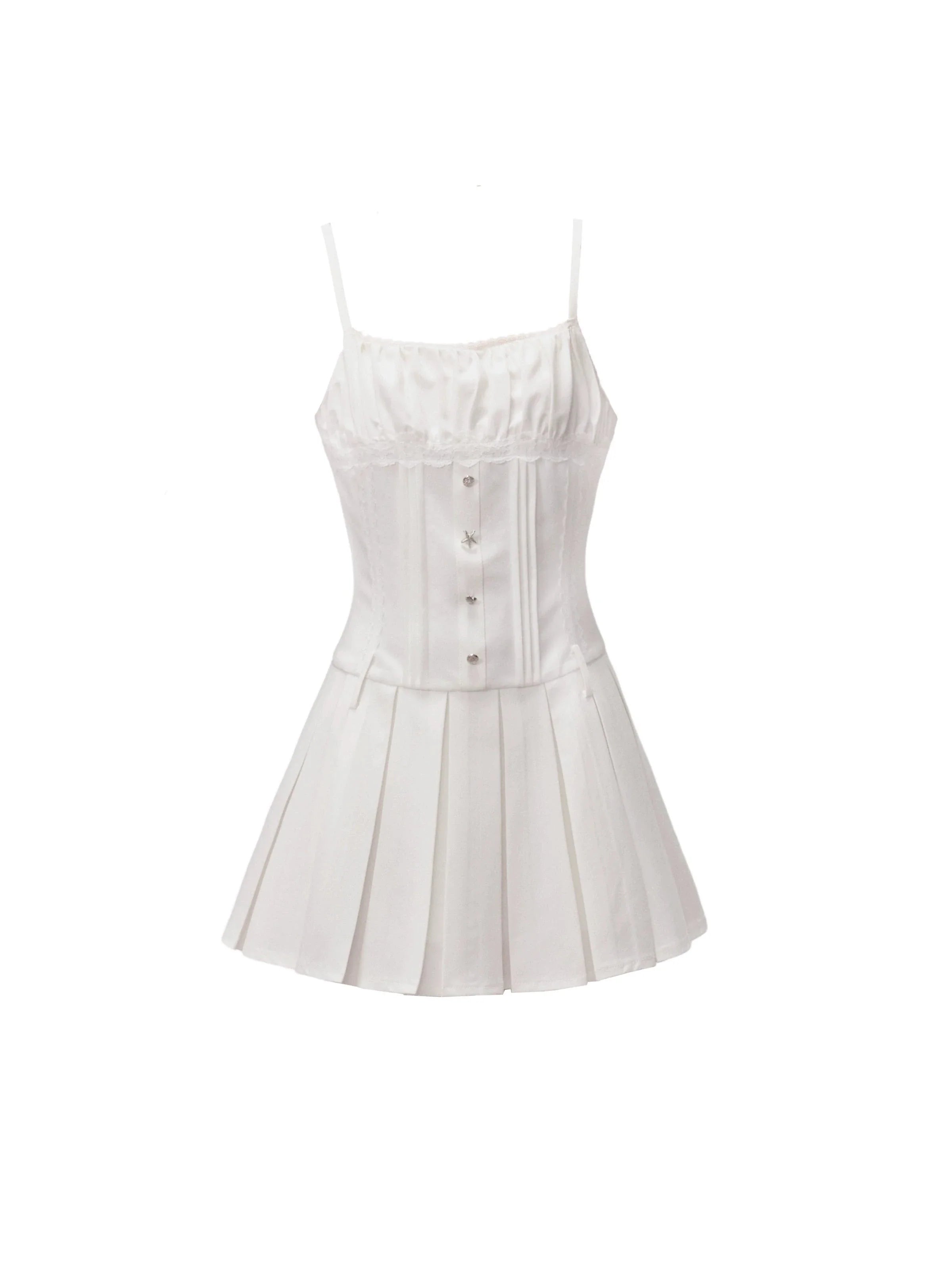 White Pleated Mini Tennis Dress with Button-Front Bodice