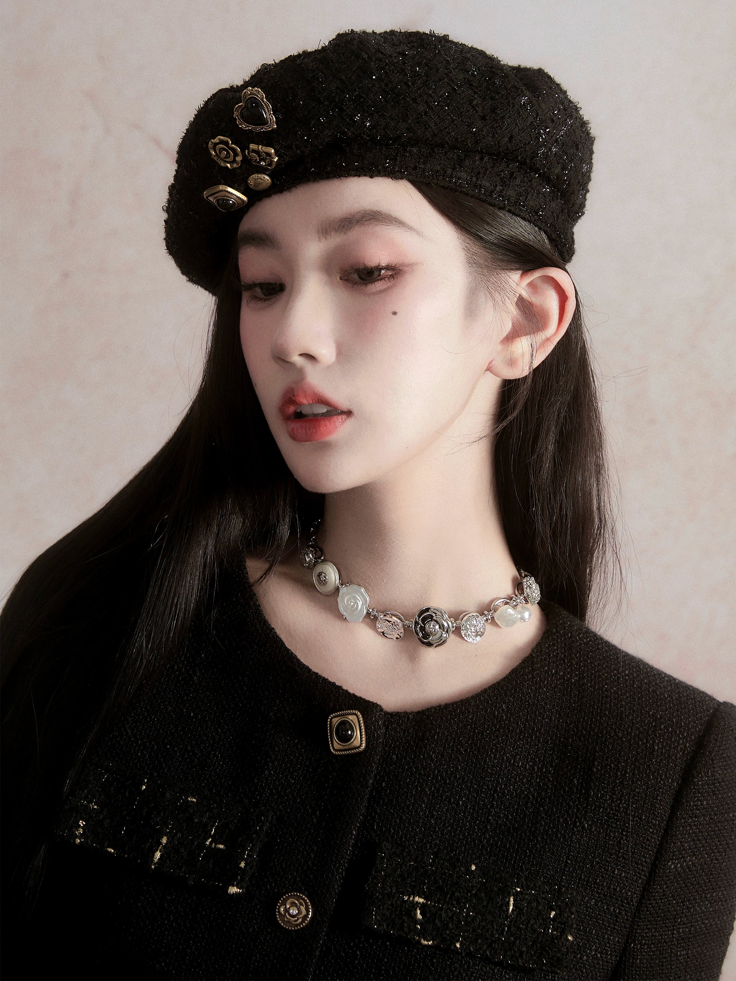 Black Wool Beret with Pin Accessories