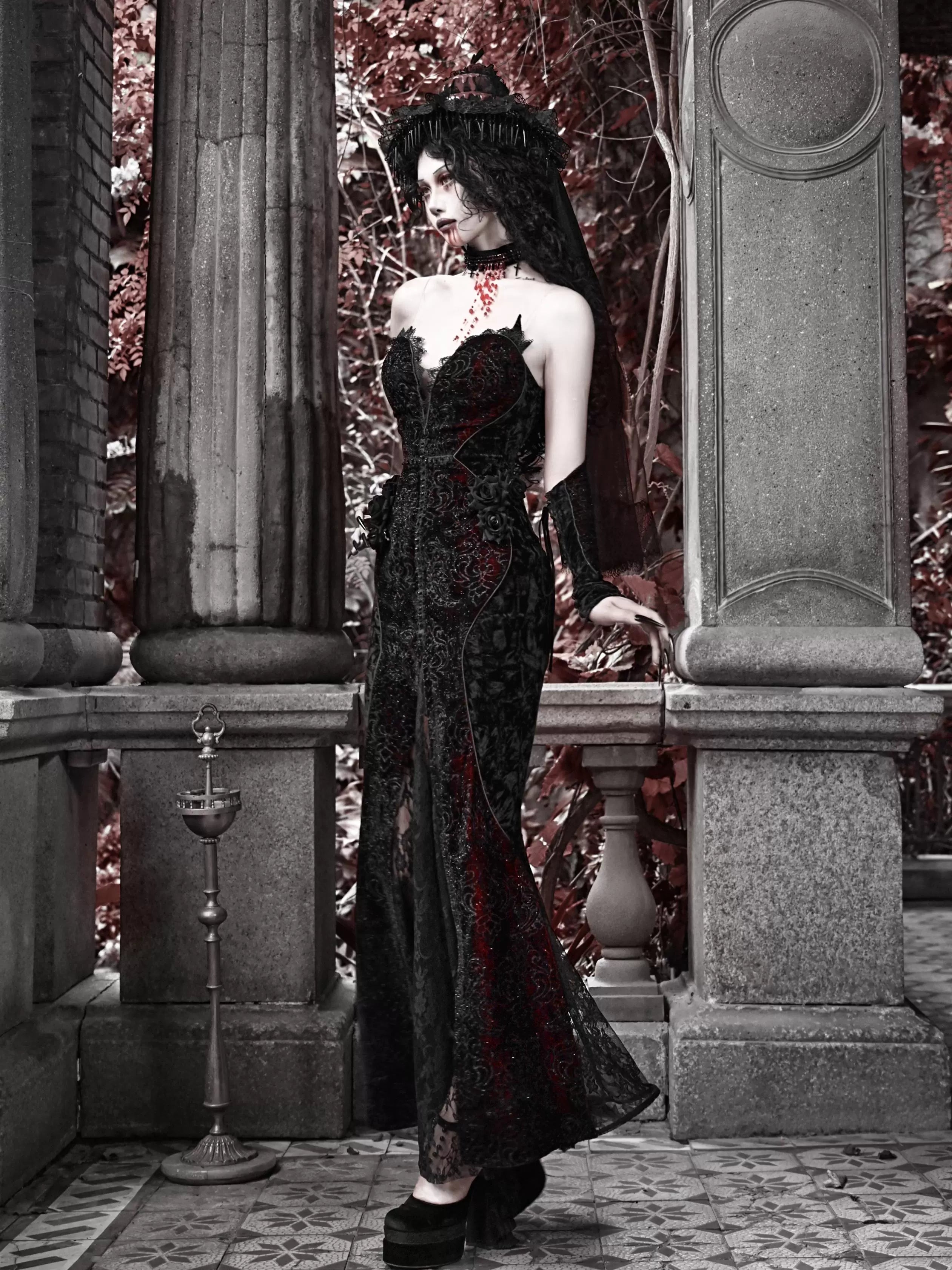 Gothic Black and Red Lace Mermaid Gown