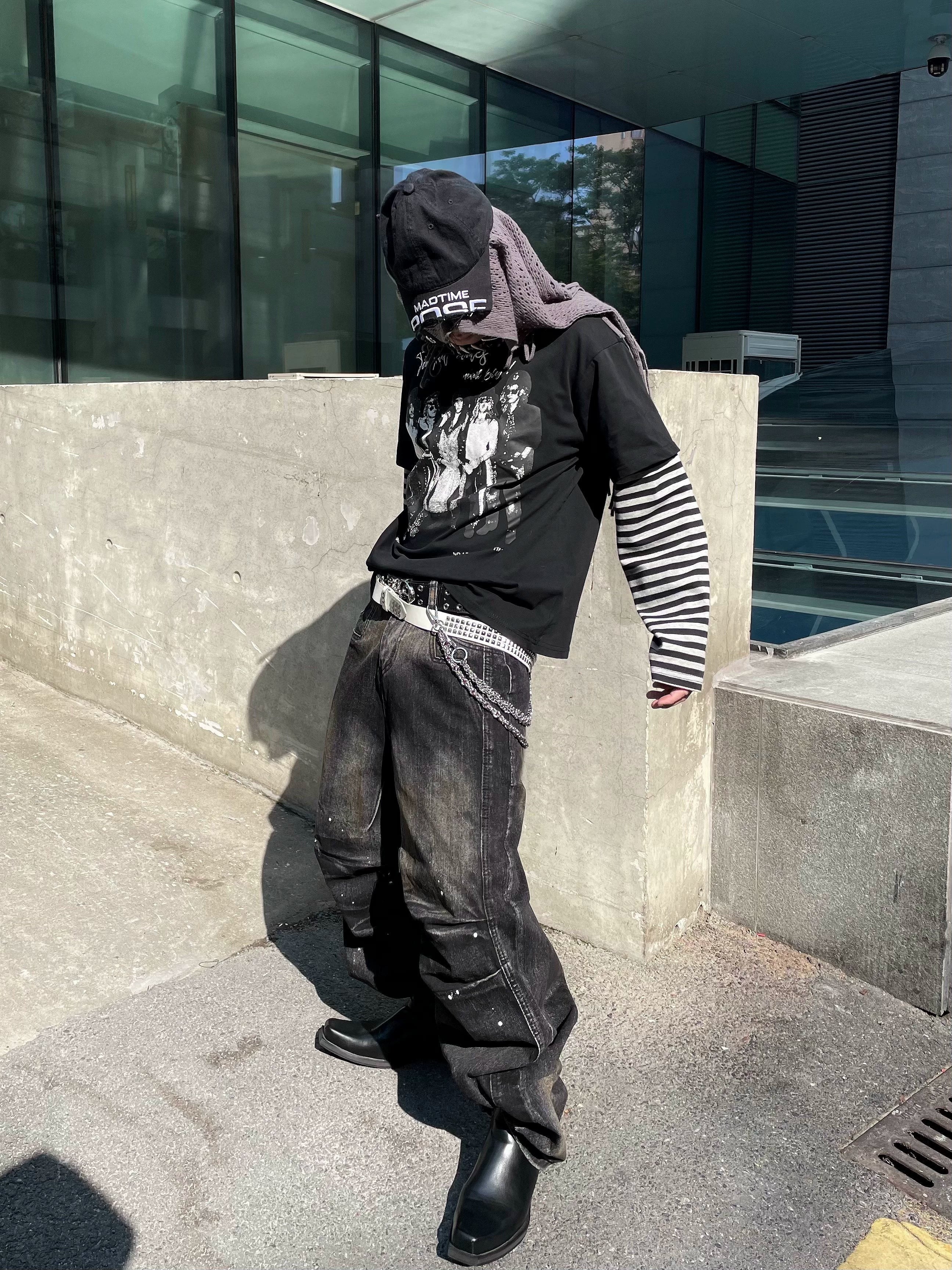 Vintage Band Graphic Tee with Striped Layered Sleeves