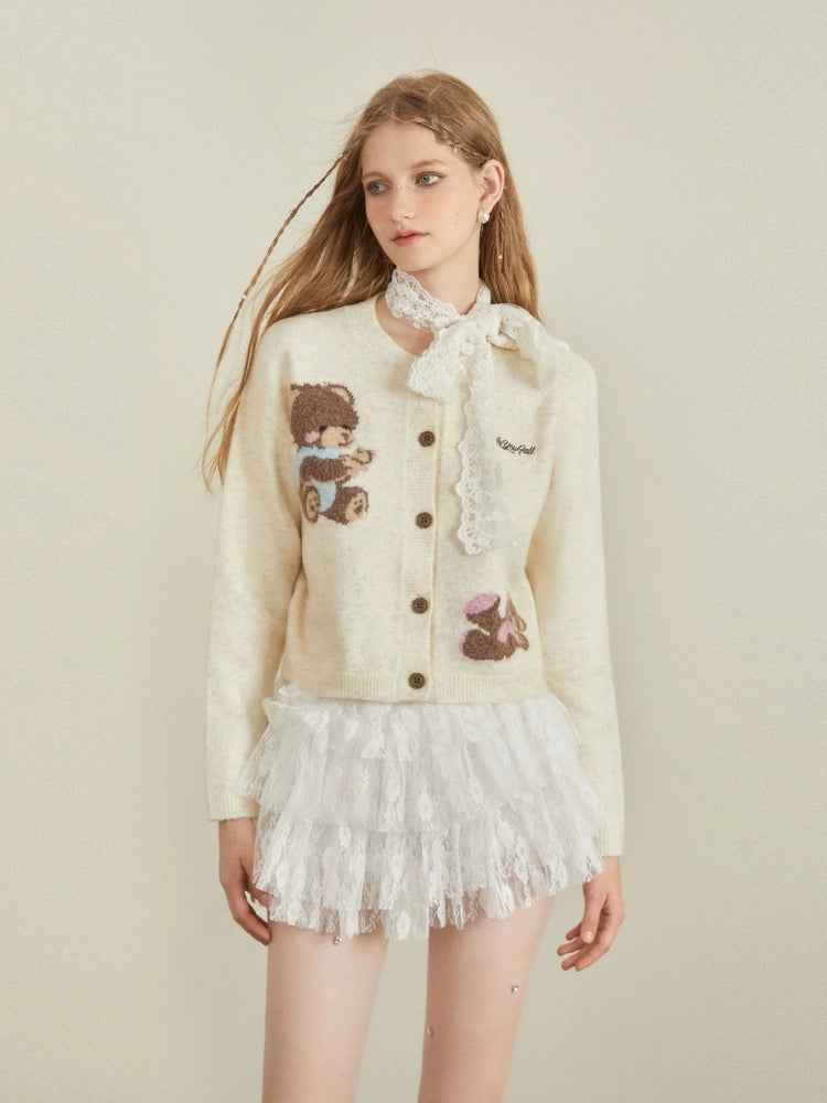 Teddy Bear Print Cropped Cardigan