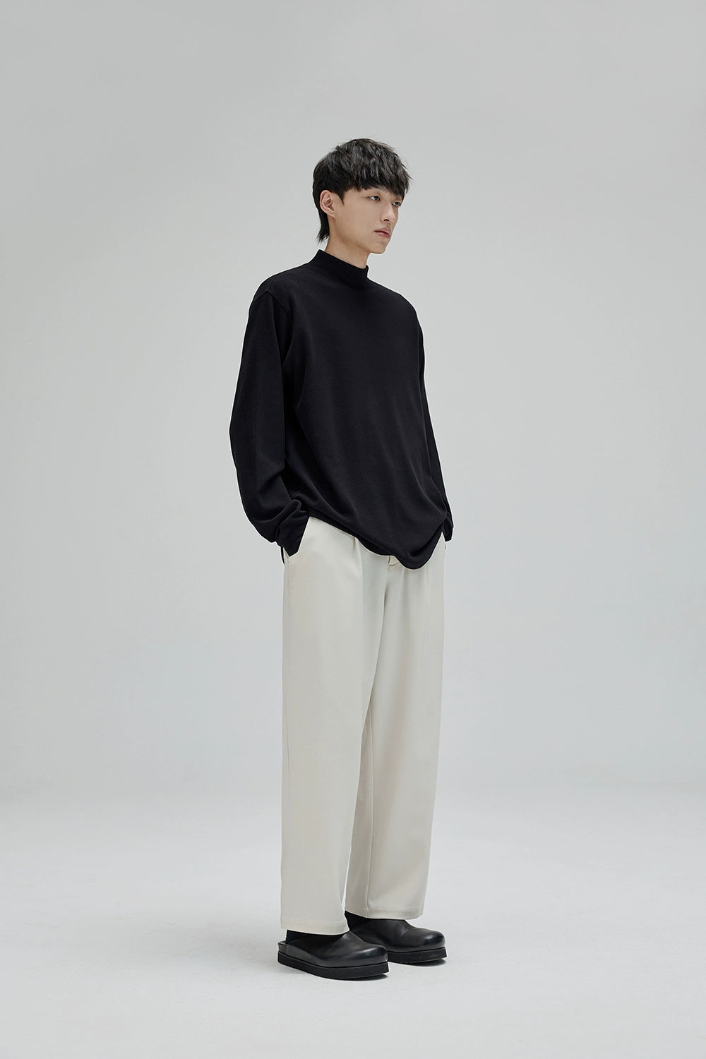 Semi-Elastic Waist Wide-Leg Straight Cropped Pants