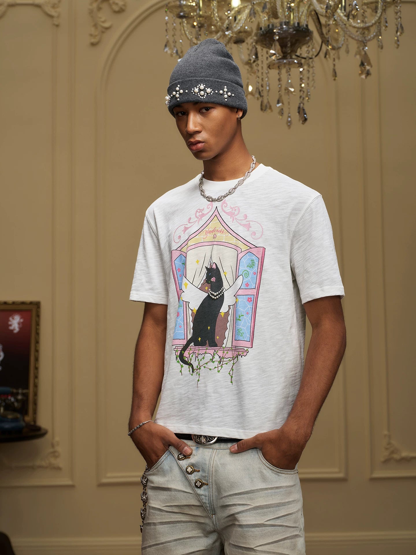 Winged Cat Window Graphic T Shirt