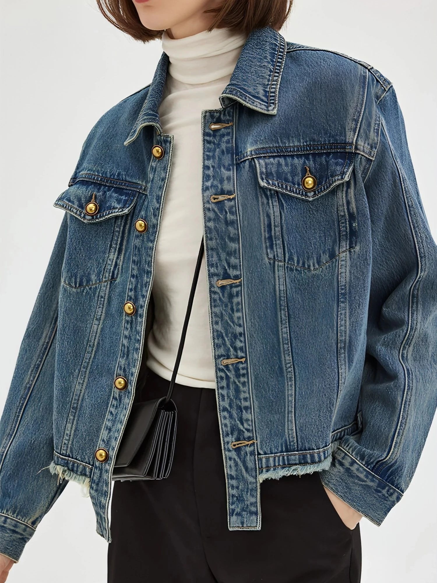 Vintage Casual Denim Jacket With Frayed Hem - chiclara