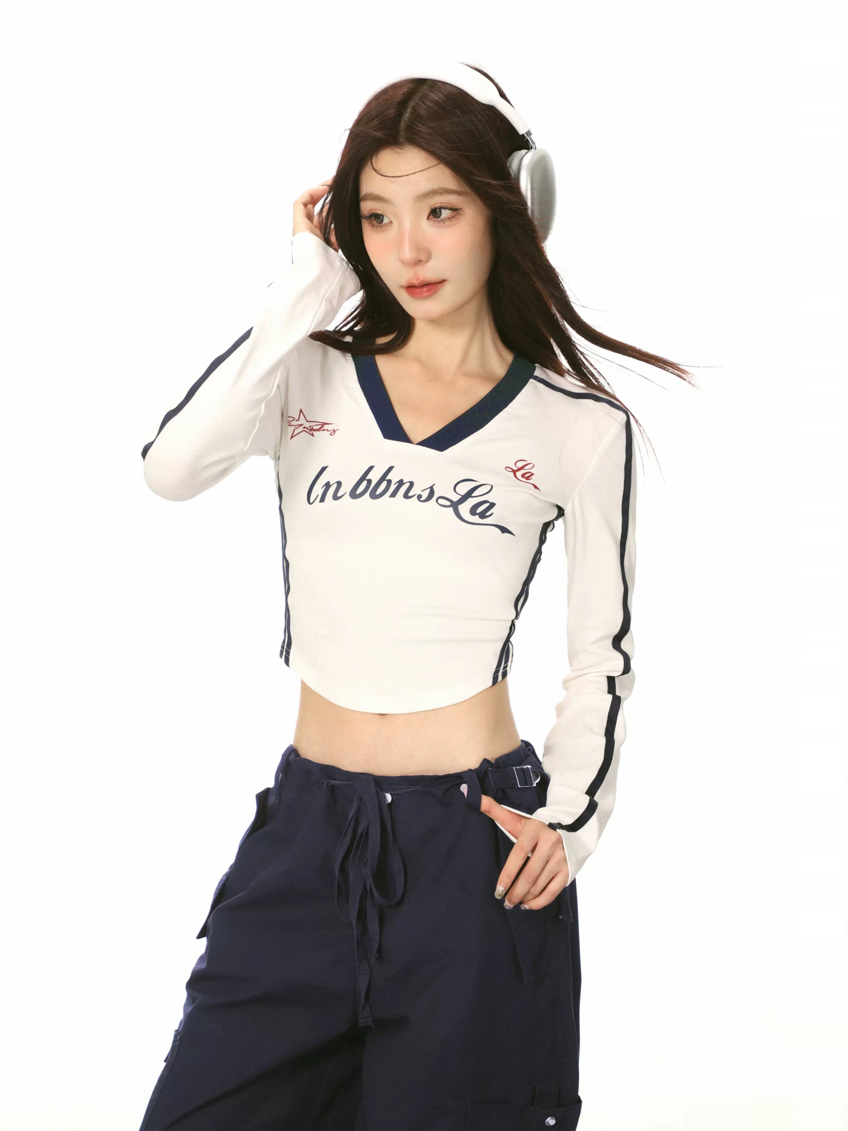 V-neck Ribbon Color Block Long Sleeve T-shirt