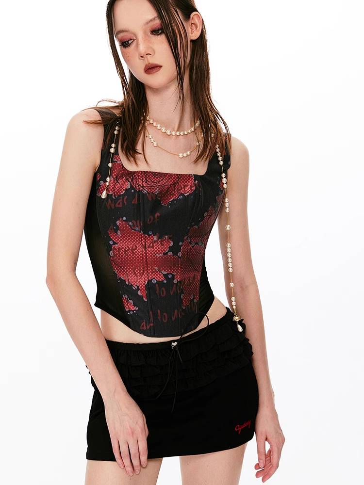 Gothic Red Print Corset Top