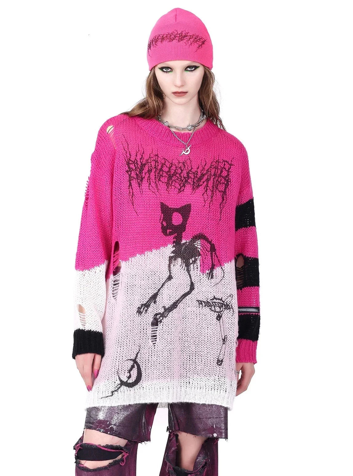 PINKSPINK Skeletal Cat Graphic Sweater - Black/Neon Green and Pink/Black