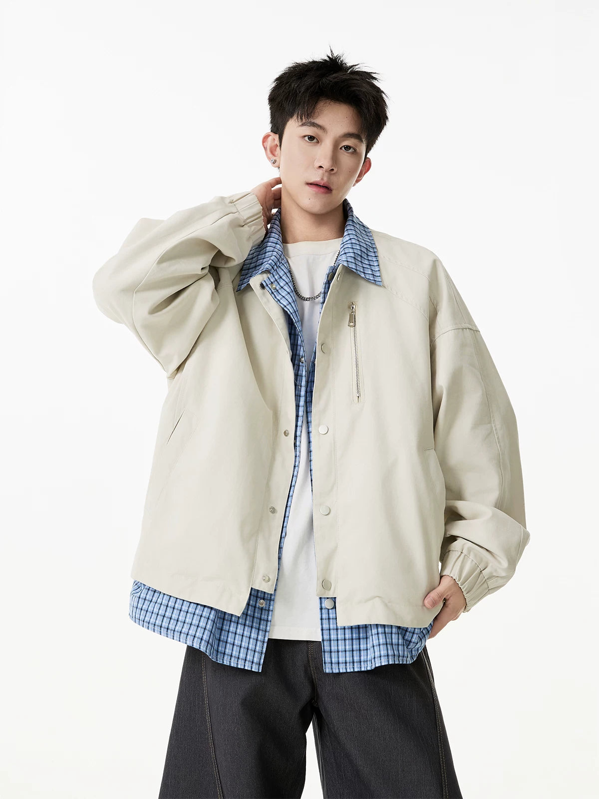Grid-Collar Layered Coach Jacket