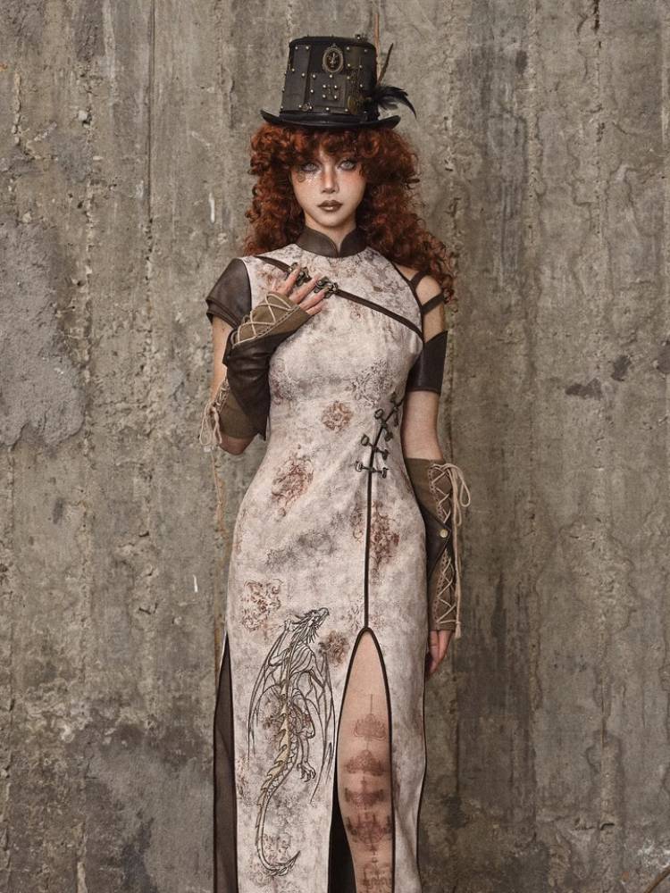 Chinese-Inspired Qipao Dress with Dragon Motif