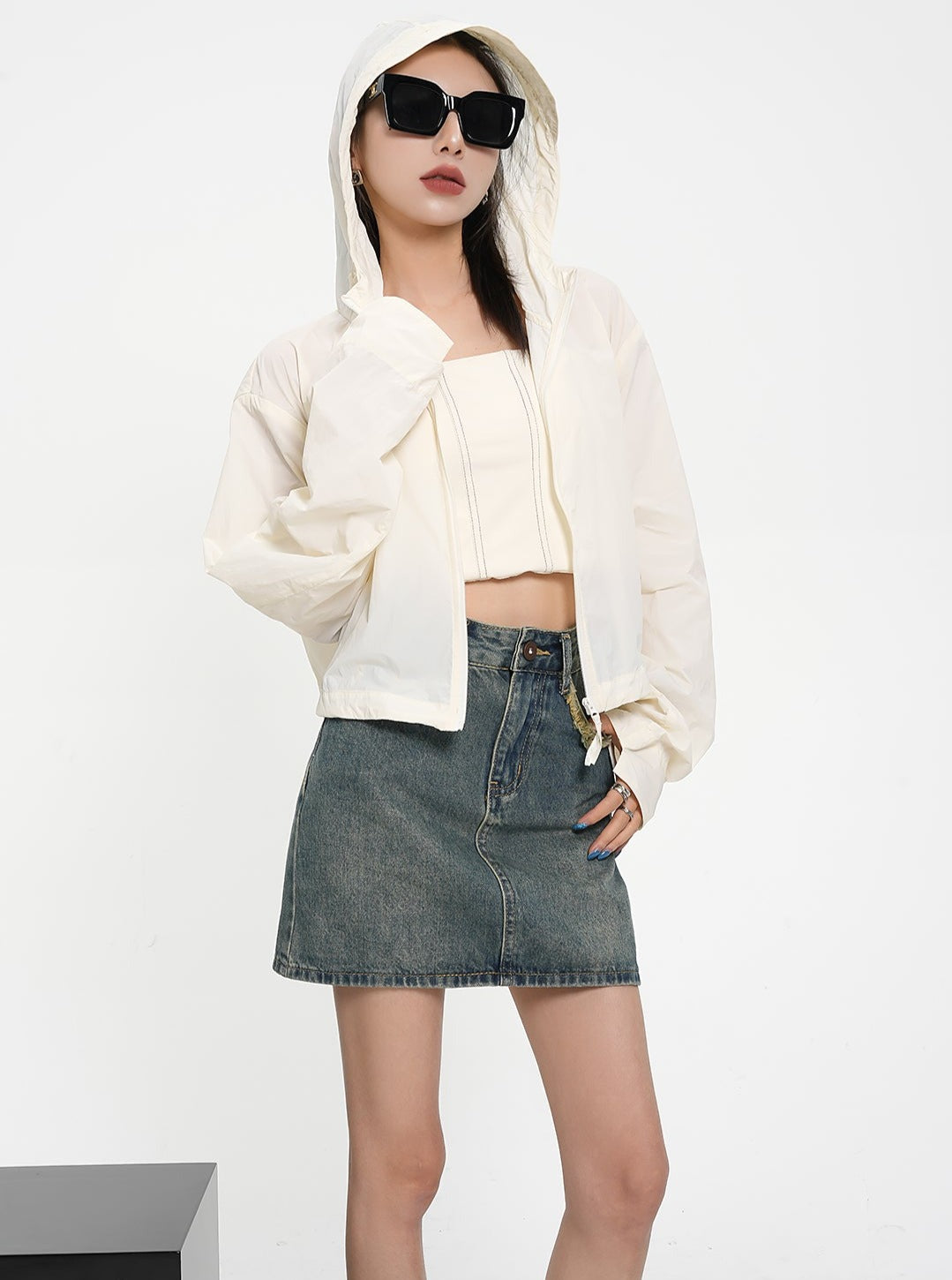 Textured Contrast Duo: Ivory Puff-Sleeve Crop Blouse & Black Quilted Bomber Jacket Set