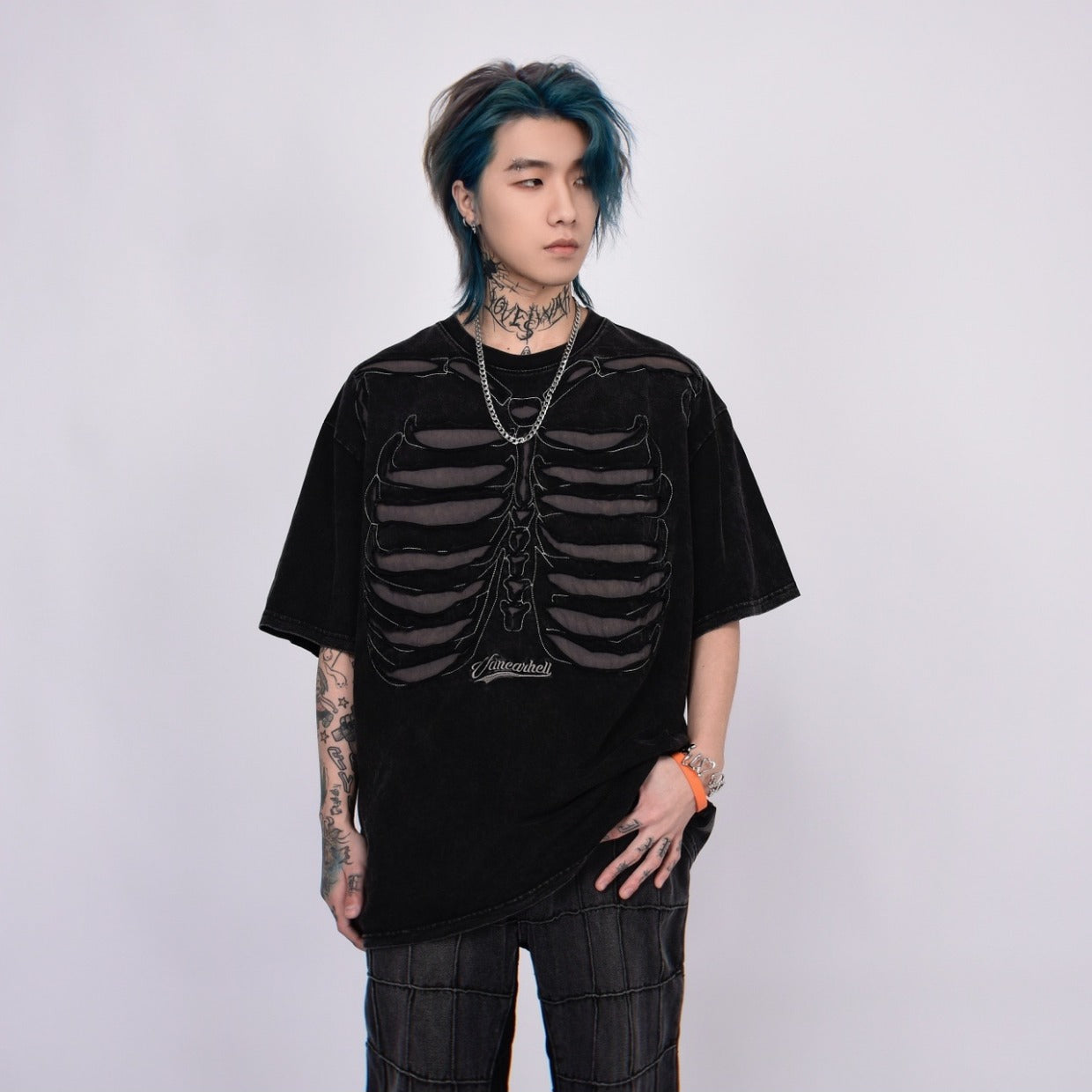 Skeleton Ribcage Mesh Cutout Oversized T-Shirt