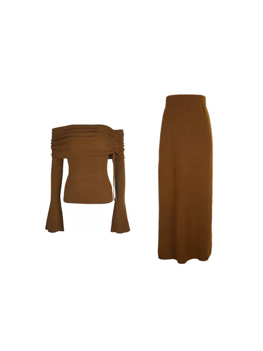 Shirred Lapel Knitted Blouse and Maxi Skirt Setup