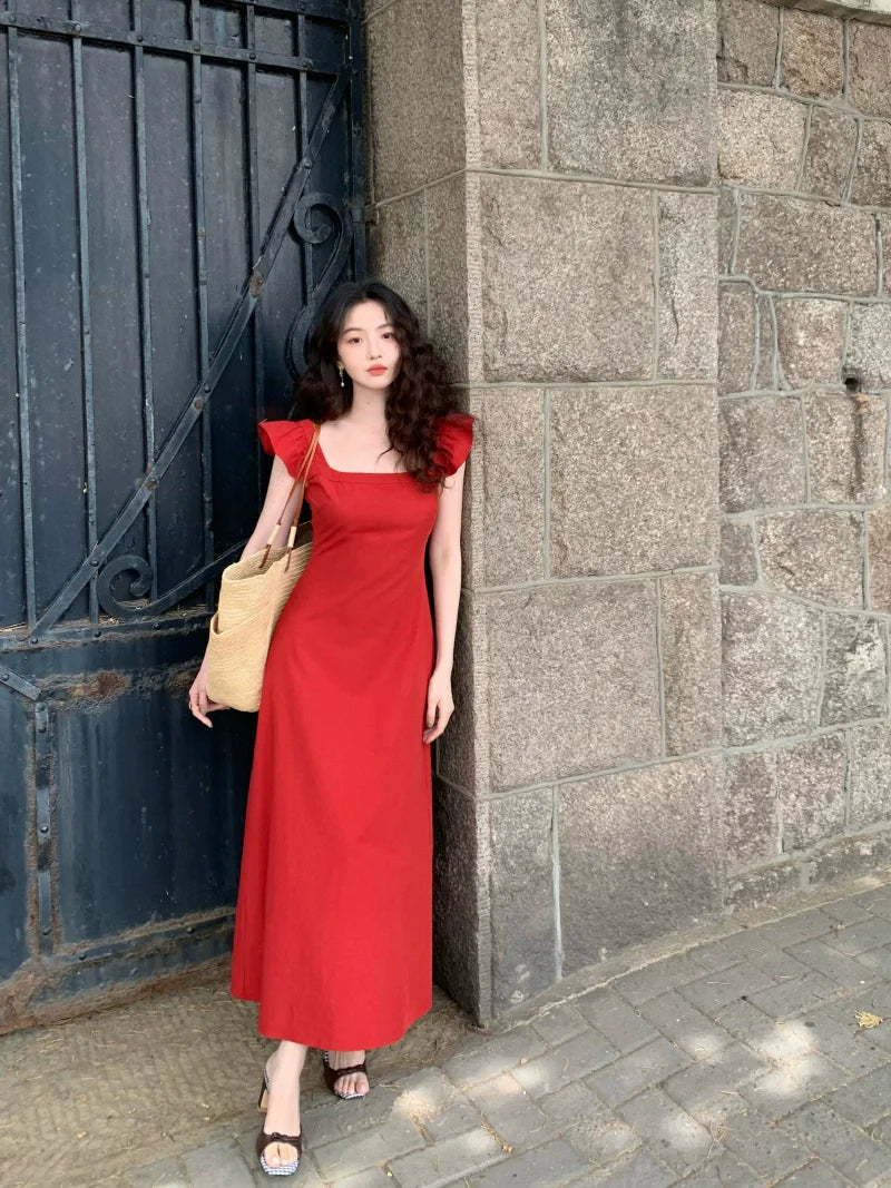 Flutter Sleeve Square Neck Maxi Dress
