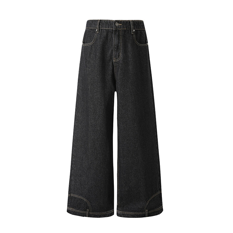 Wide-Leg Black Denim Jeans with Back Patch Pocket