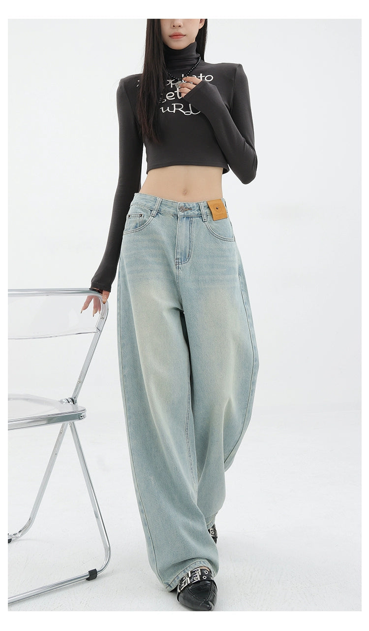 Blue Retro Loose Straight-Leg High-Waist Floor-Length Jeans - chiclara