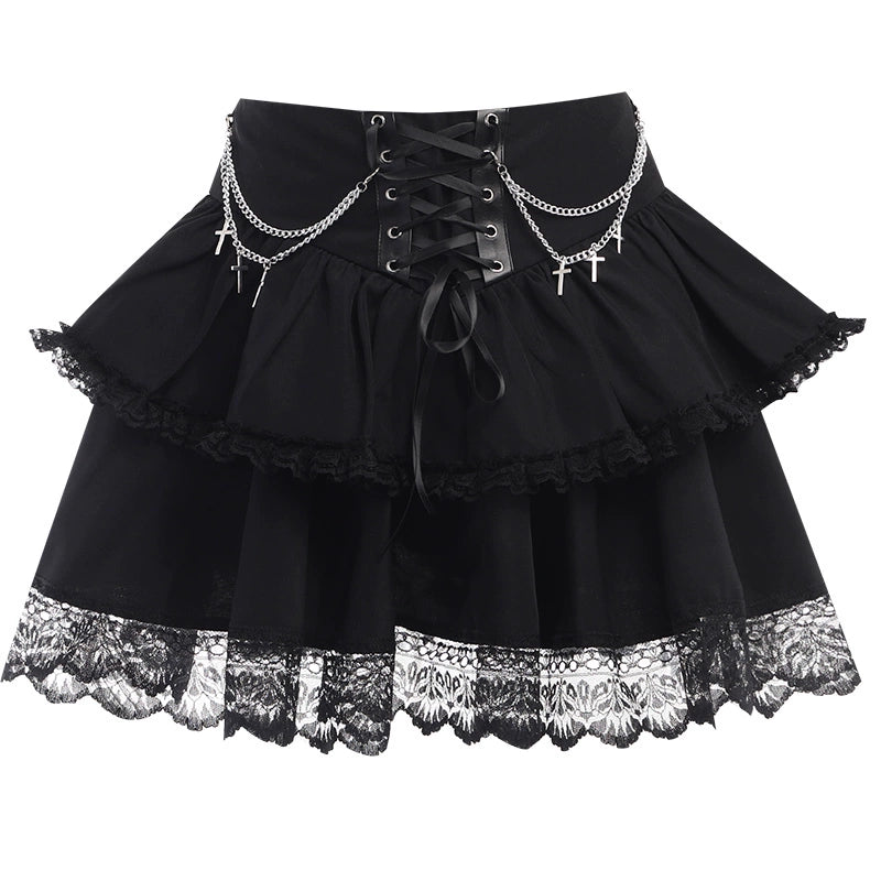 Wannathis Gothic Lolita Mini Skirt - Black Tiered Ruffle With Lace-Up Waist And Cross Chains