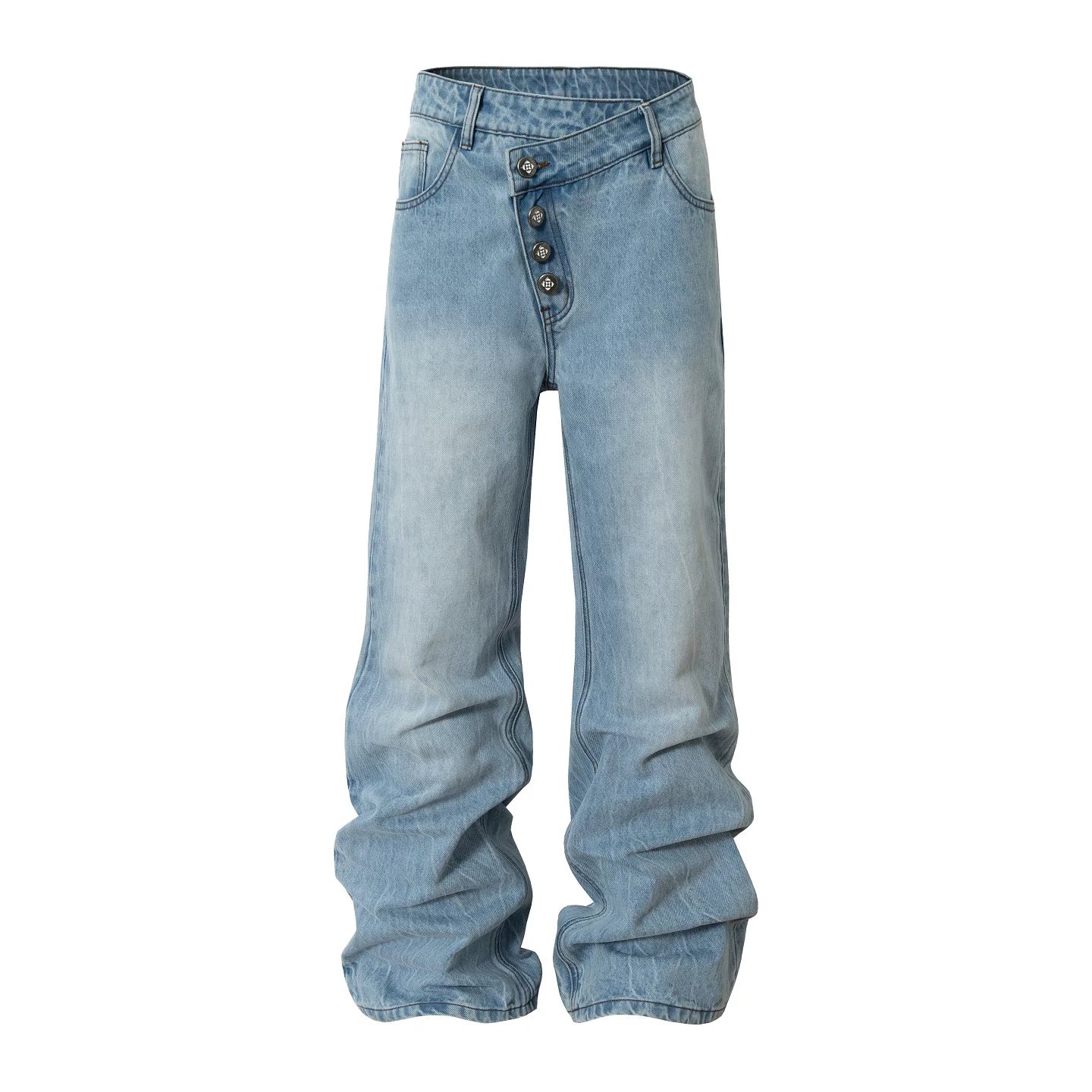 Washed Asymmetric Waist Wide-Leg Jeans
