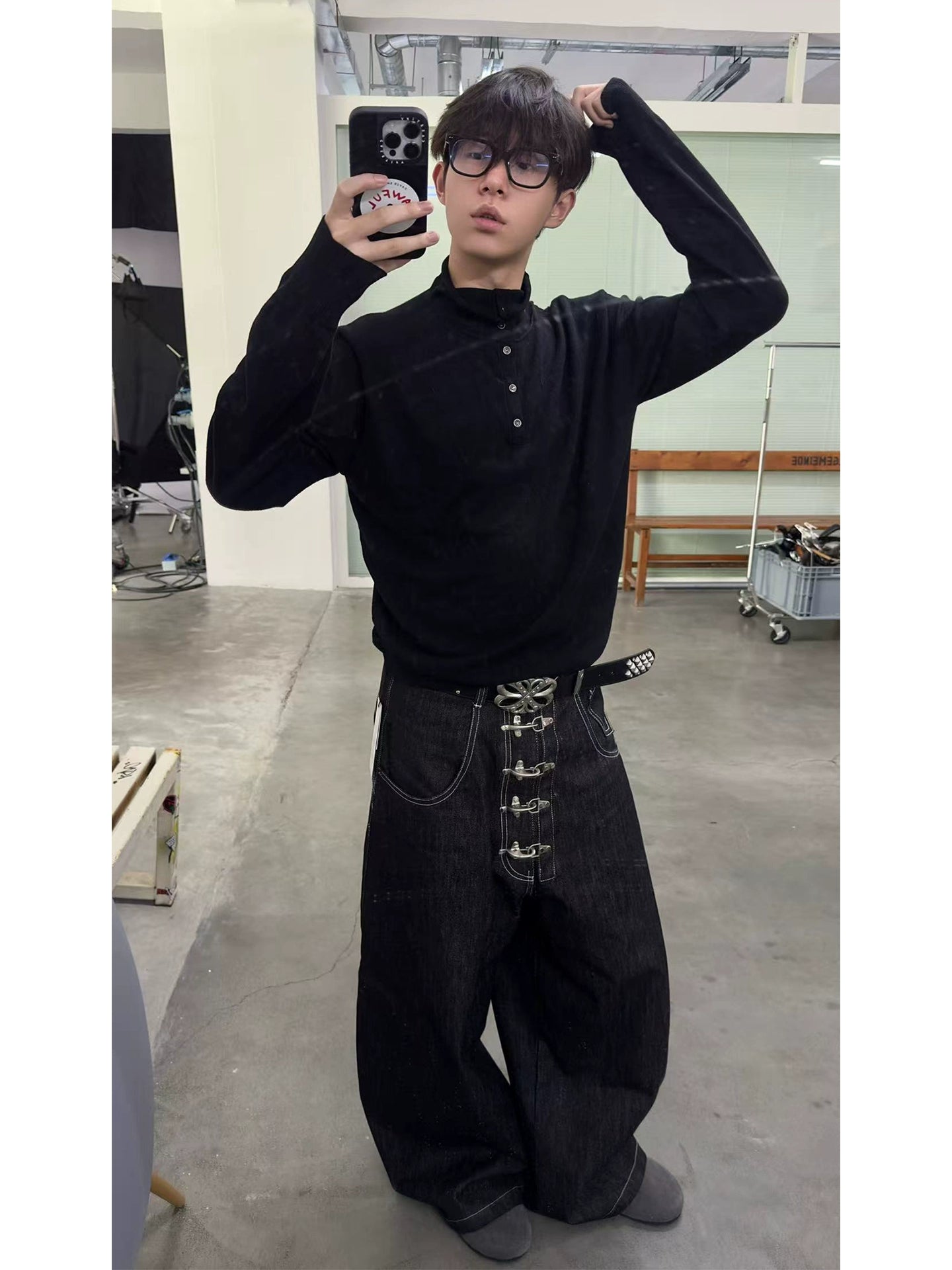 Wide Leg Hook Closure Jeans