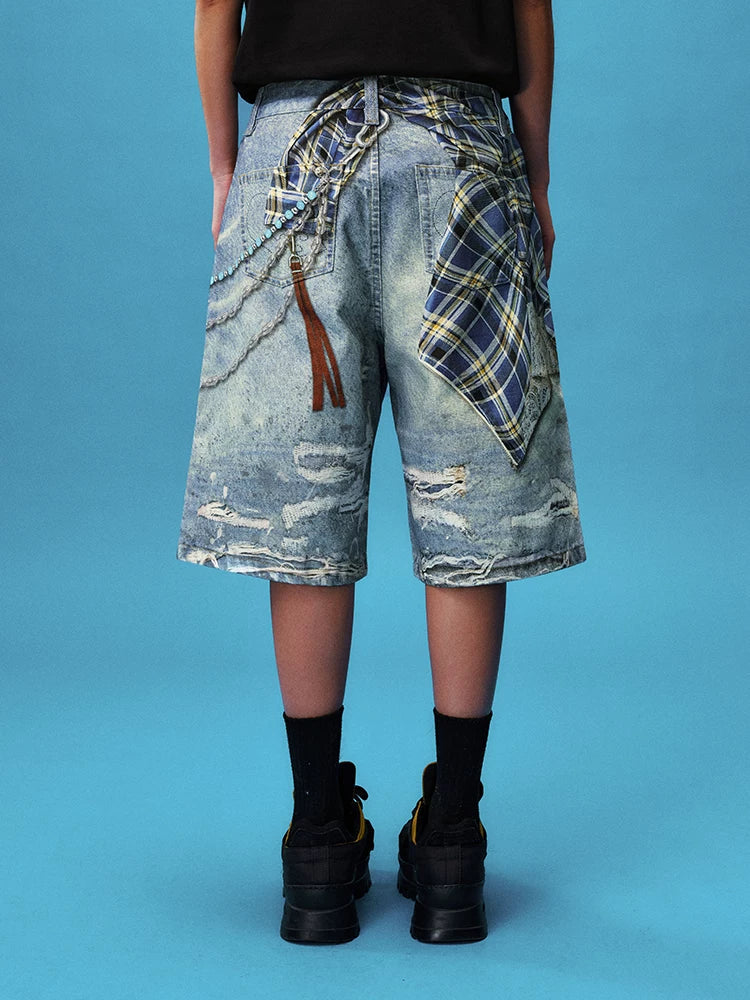 Plaid Chain Print Denim Jorts