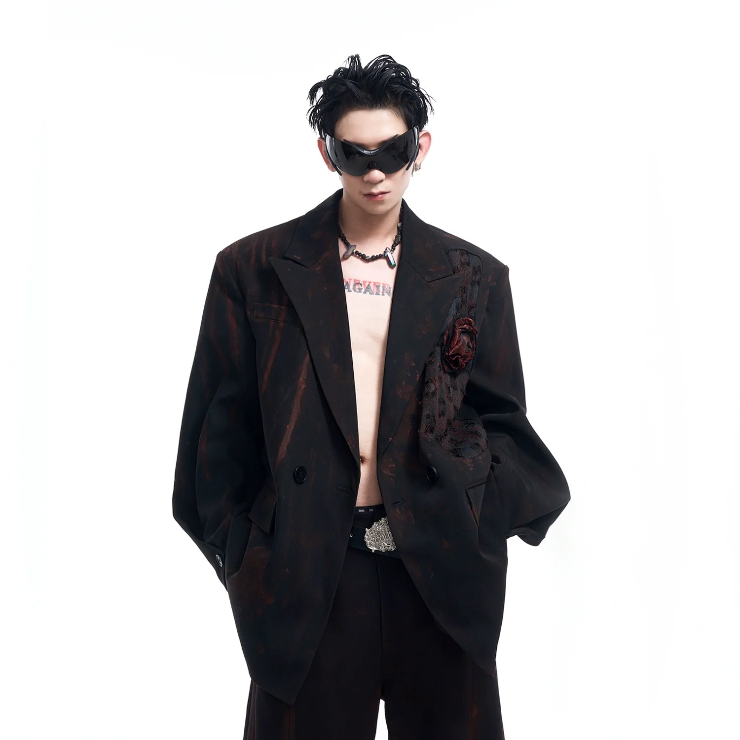 Black Floral Lapel Jacket and Wide Leg Pants Setup