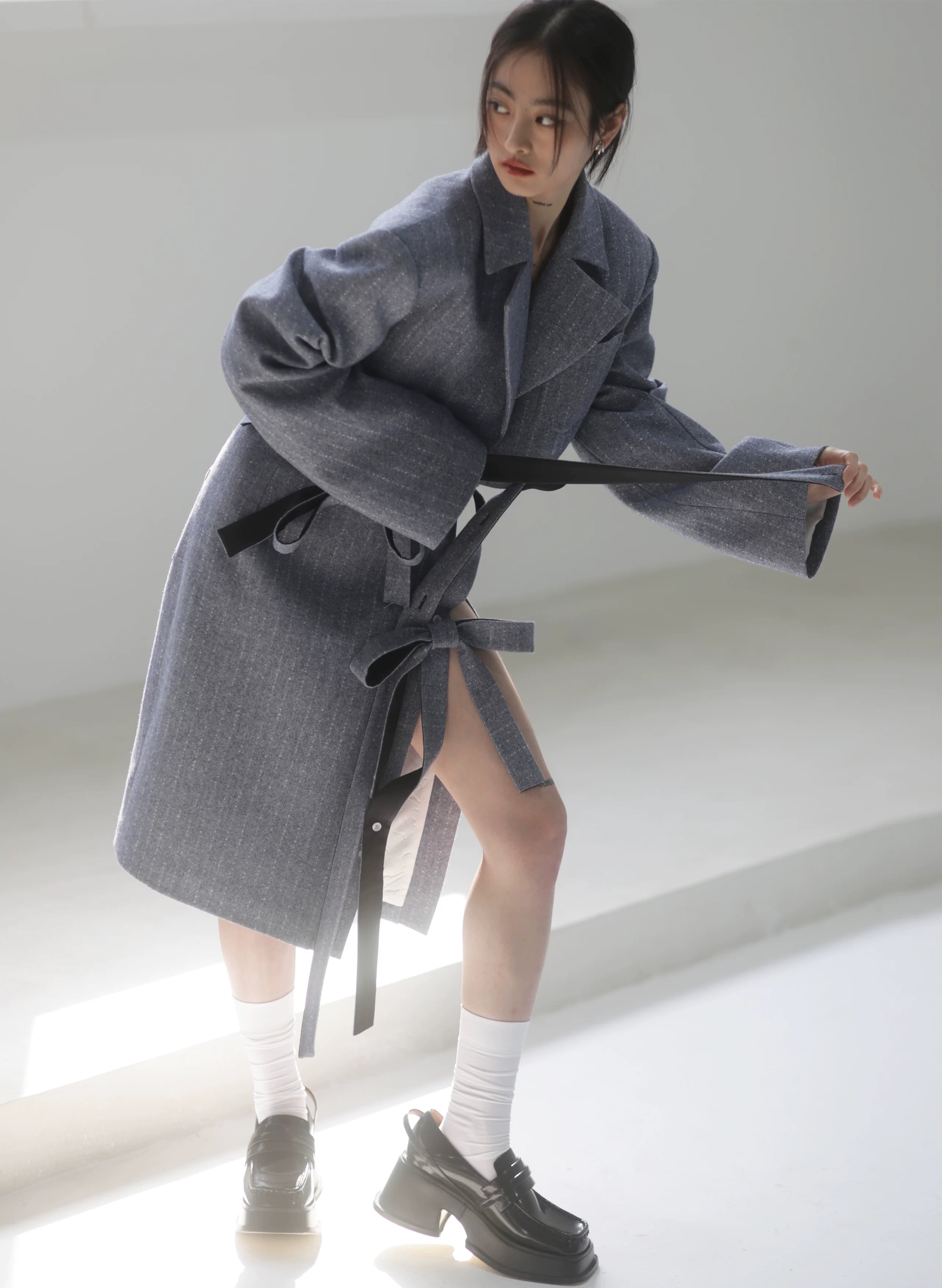 Steel Herringbone Pencil Midi Skirt