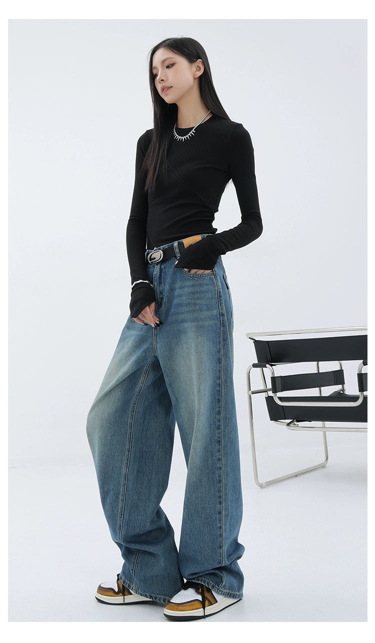 Blue Retro Loose Straight-Leg High-Waist Floor-Length Jeans - chiclara