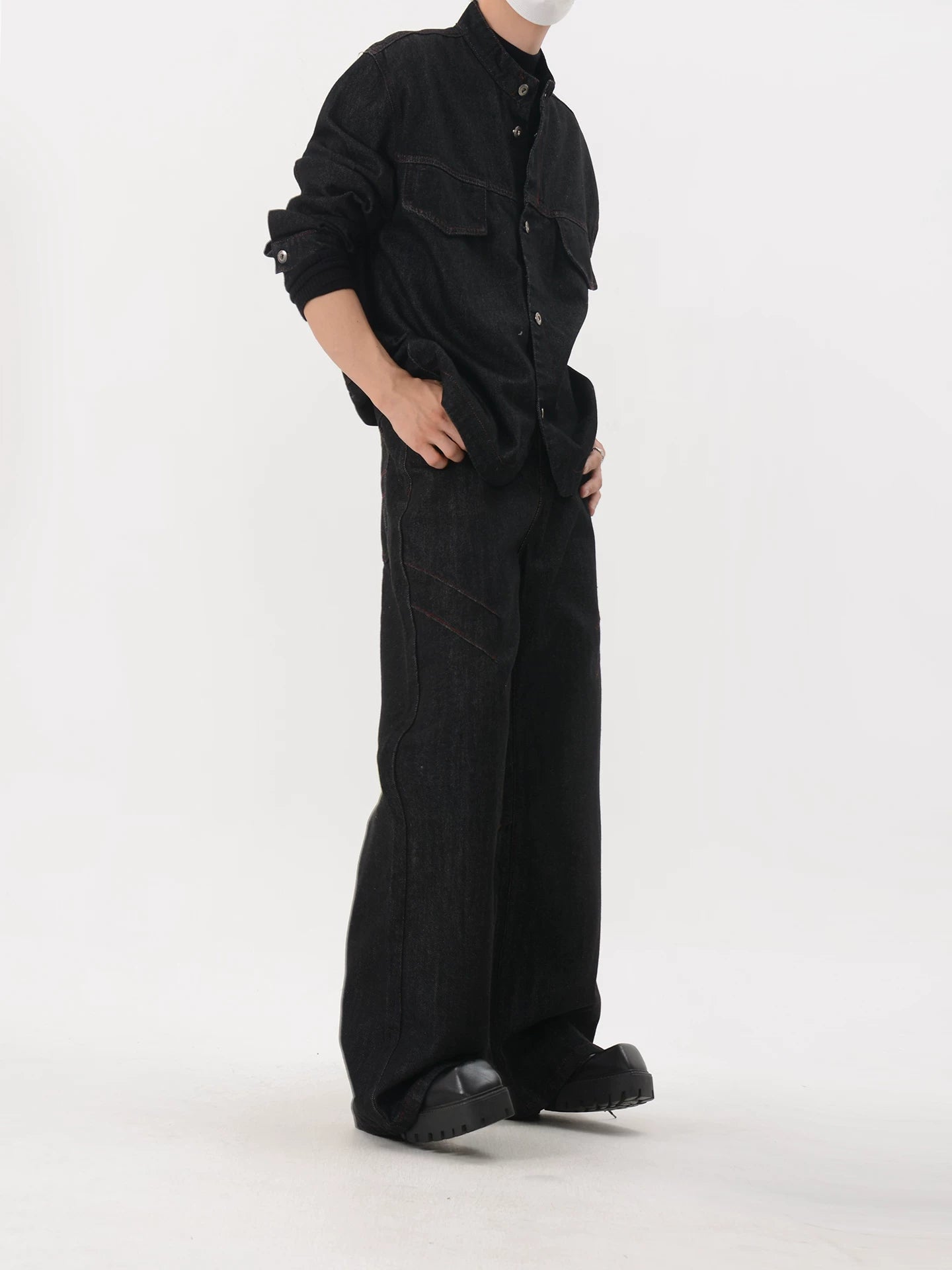 Stand-Collar Utility Pocket Denim Jacket