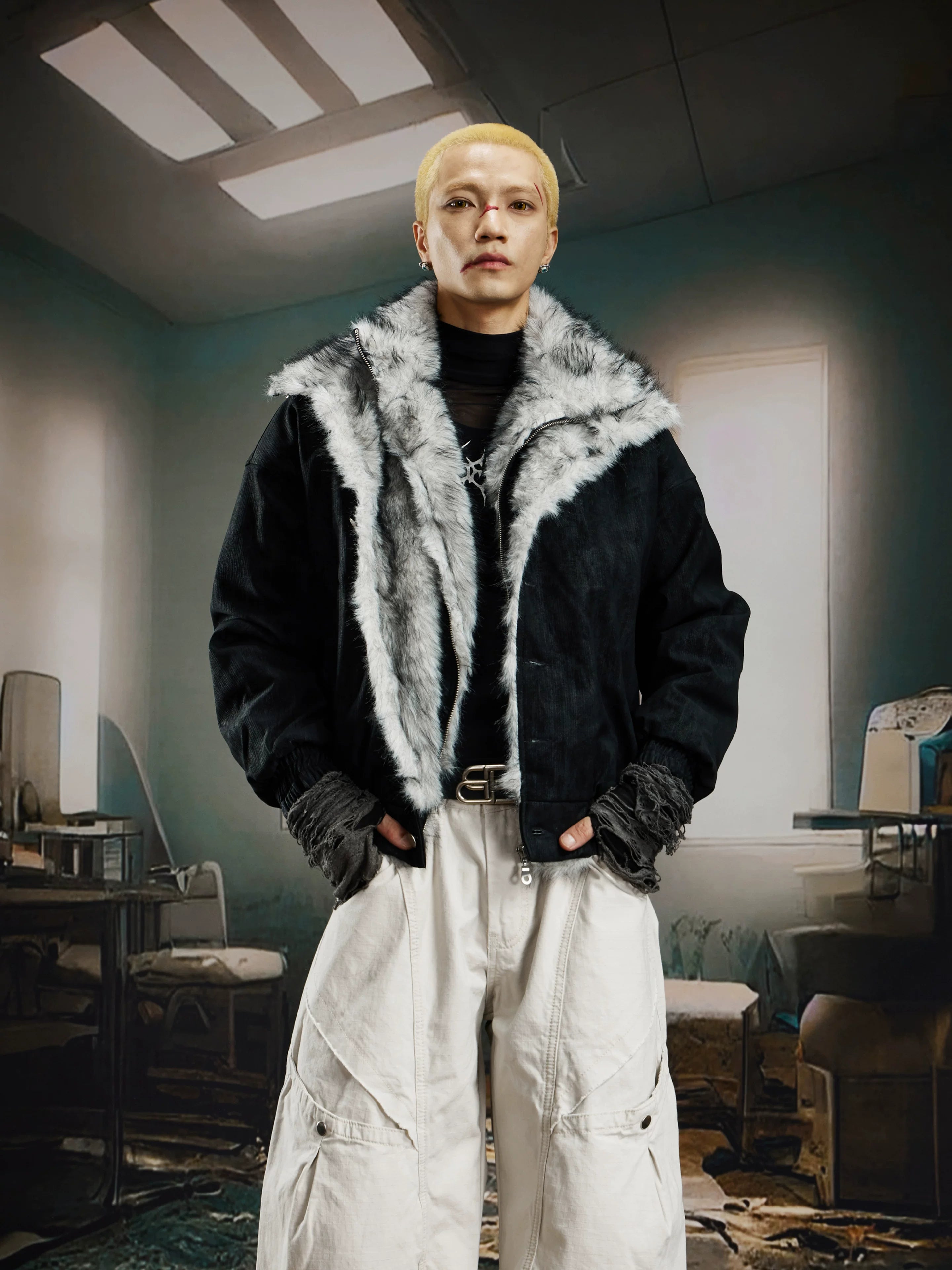 Glacier Veil Wolf‑Trim Bomber Jacket