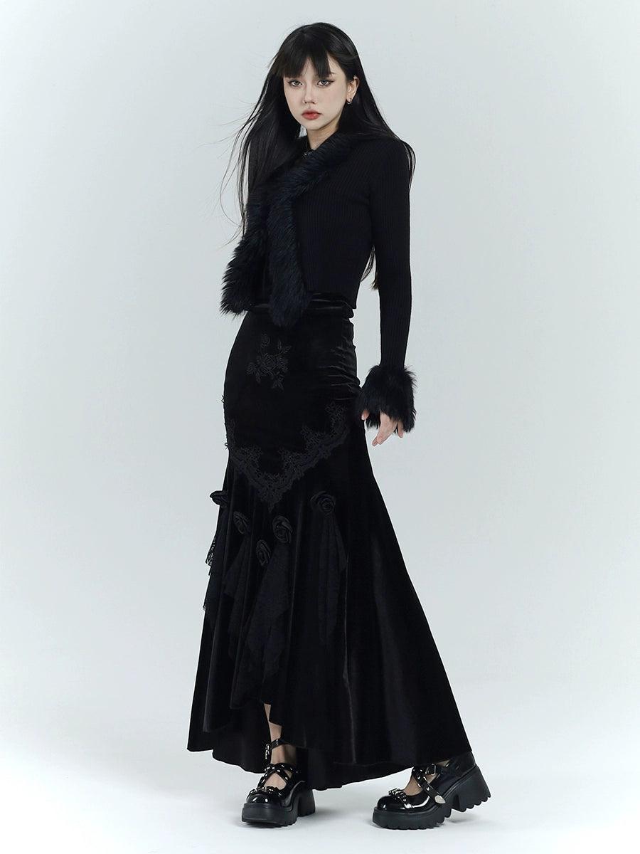 Ladyghost Gothic Velvet Maxi Dress - Women'S Black High-Low Gown With Fur Cuffs And V-Neck