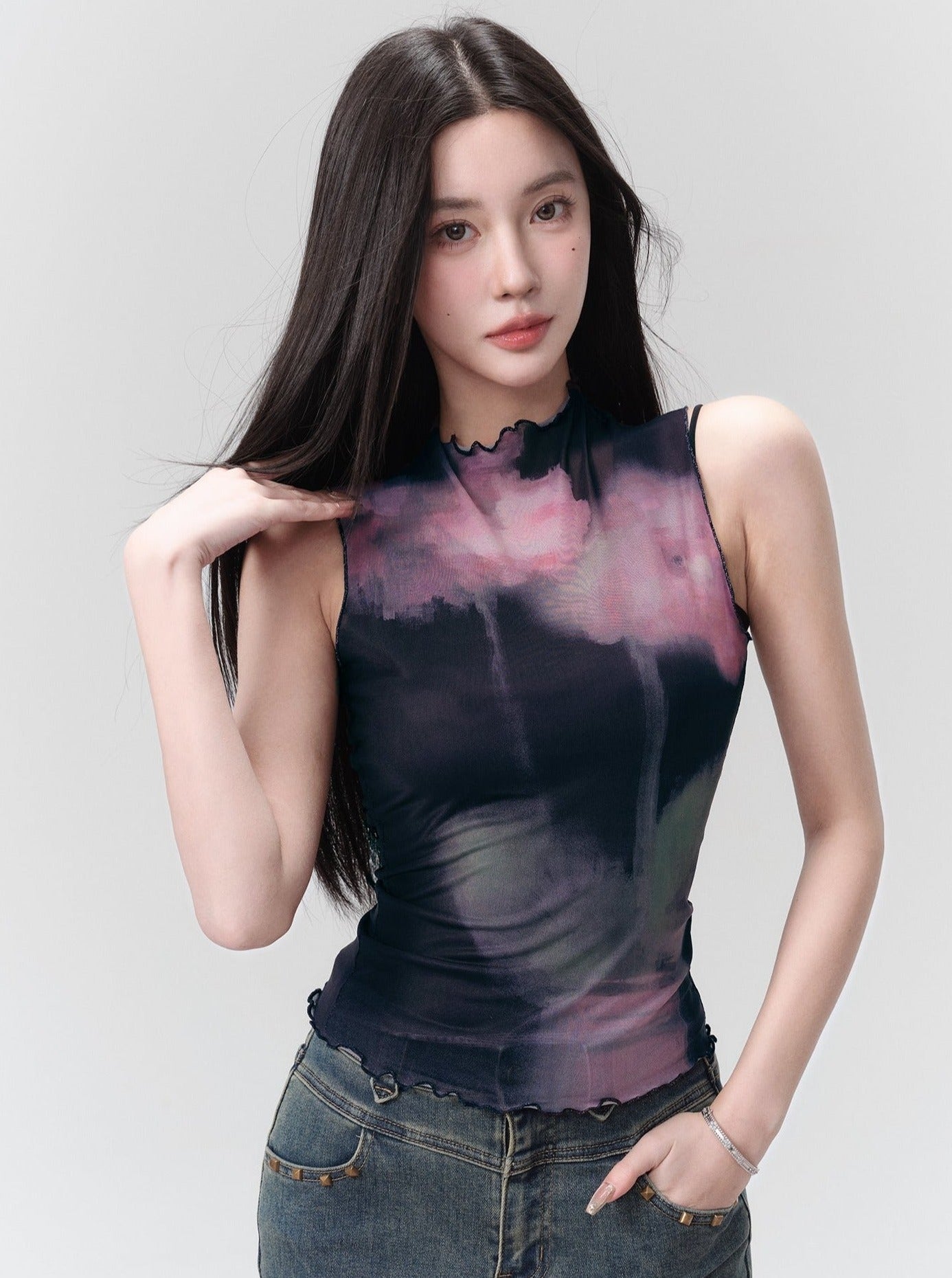 Ombre Mesh Sleeveless Crop Top with Scalloped Hem