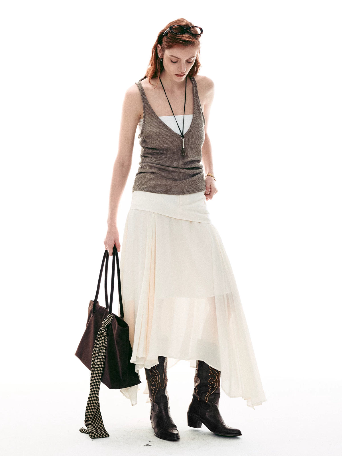Desert Veil Asymmetric Pleated Midi Skirt