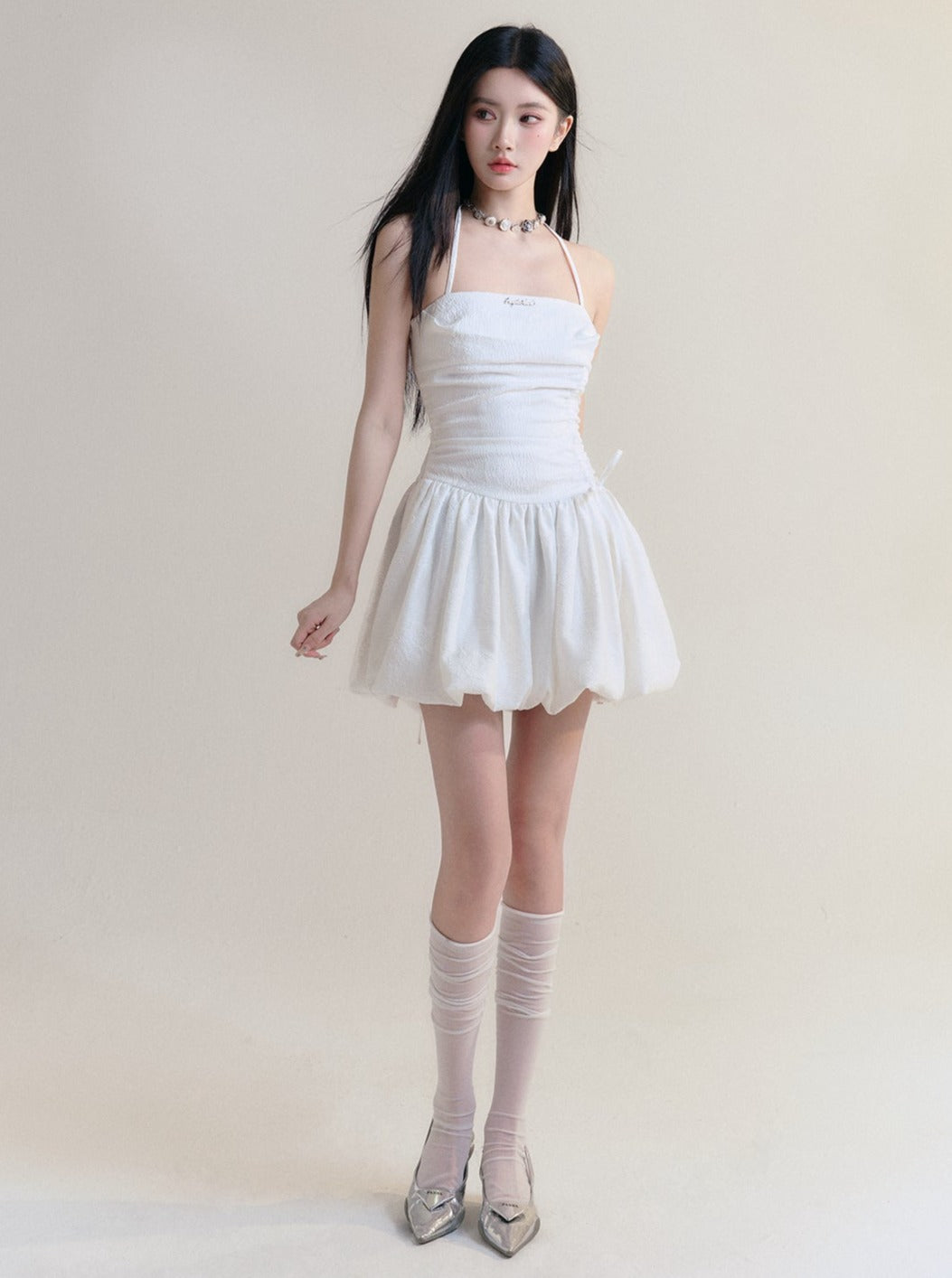 Angelic White Halter Mini Sundress with Ruched Bodice