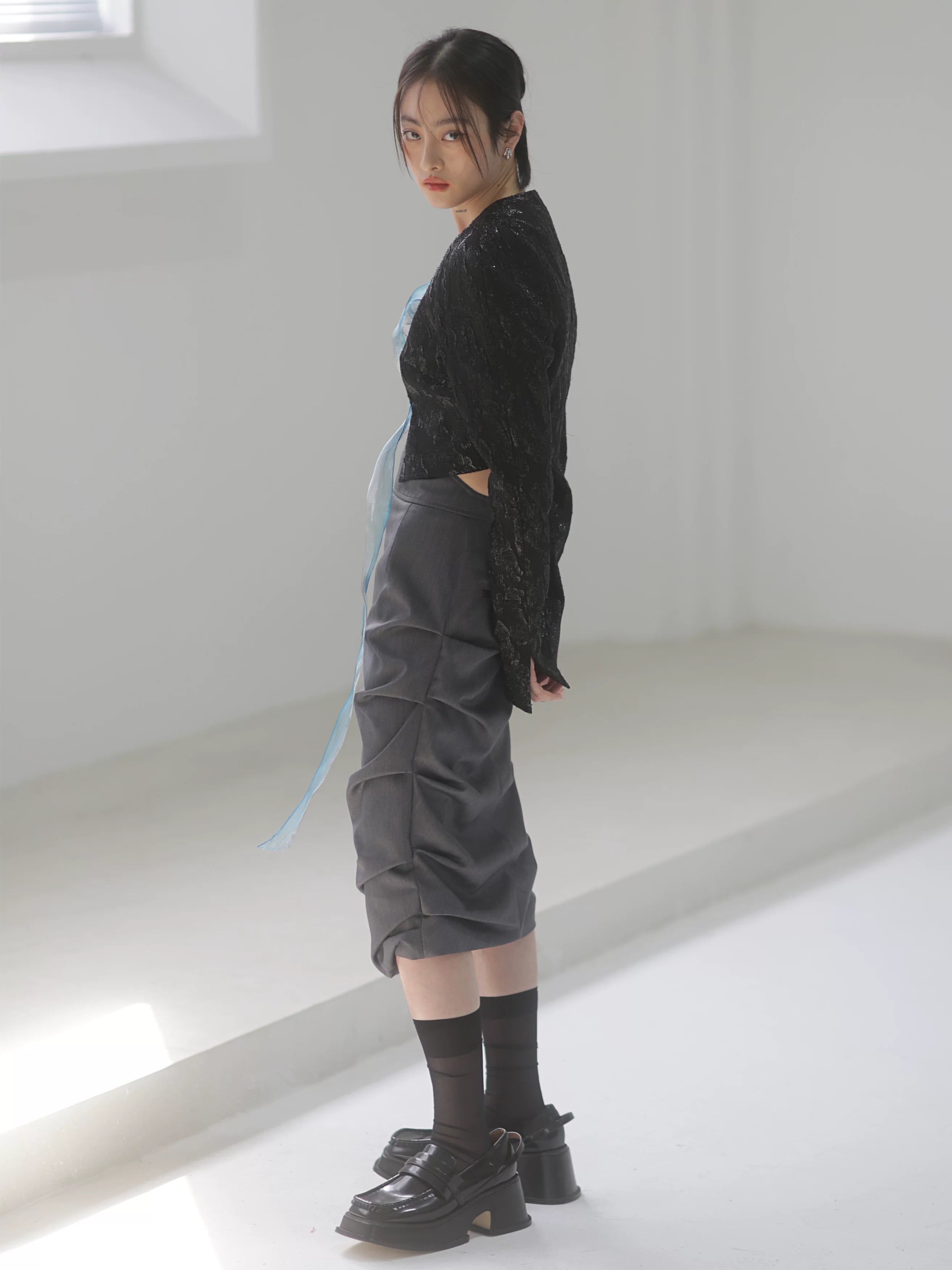 Slate Drape Tulip Midi Skirt