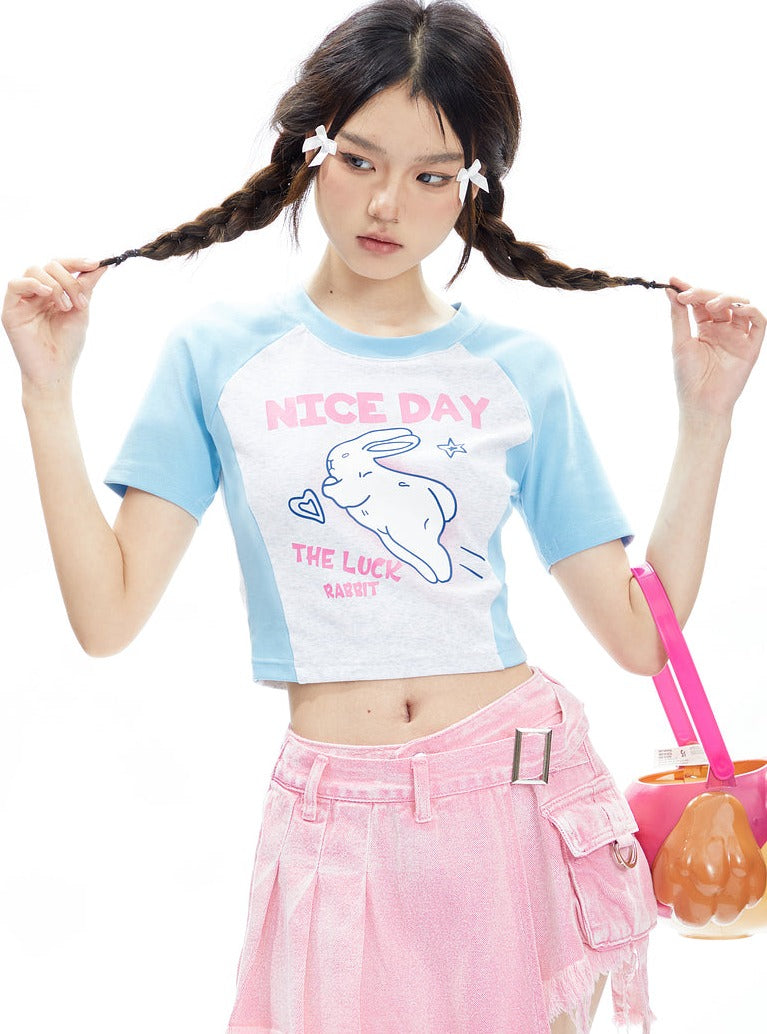 Nice Day Lucky Rabbit Raglan Crop Tee