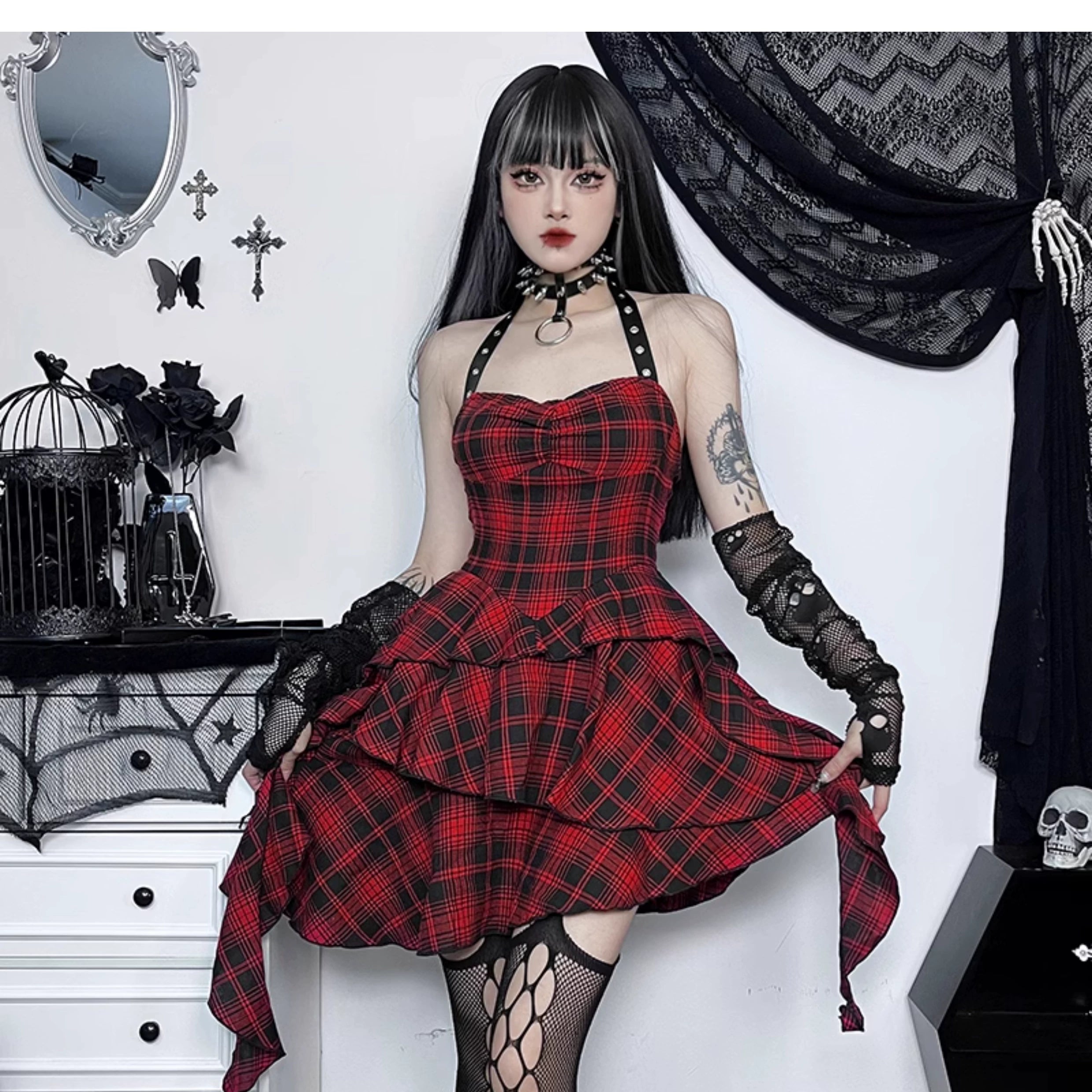 Wannathis Punk Tartan Mini Dress - Red Plaid Ruffle Tiered Goth Dress With Studded Harness